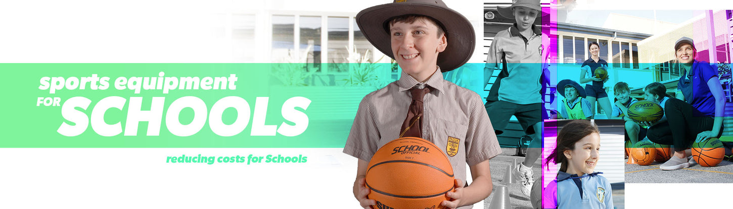 Sports equipment for schools banner, school boy holding a summit school basketball, and a teacher and kids with soccer balls, rugby balls, netballs.